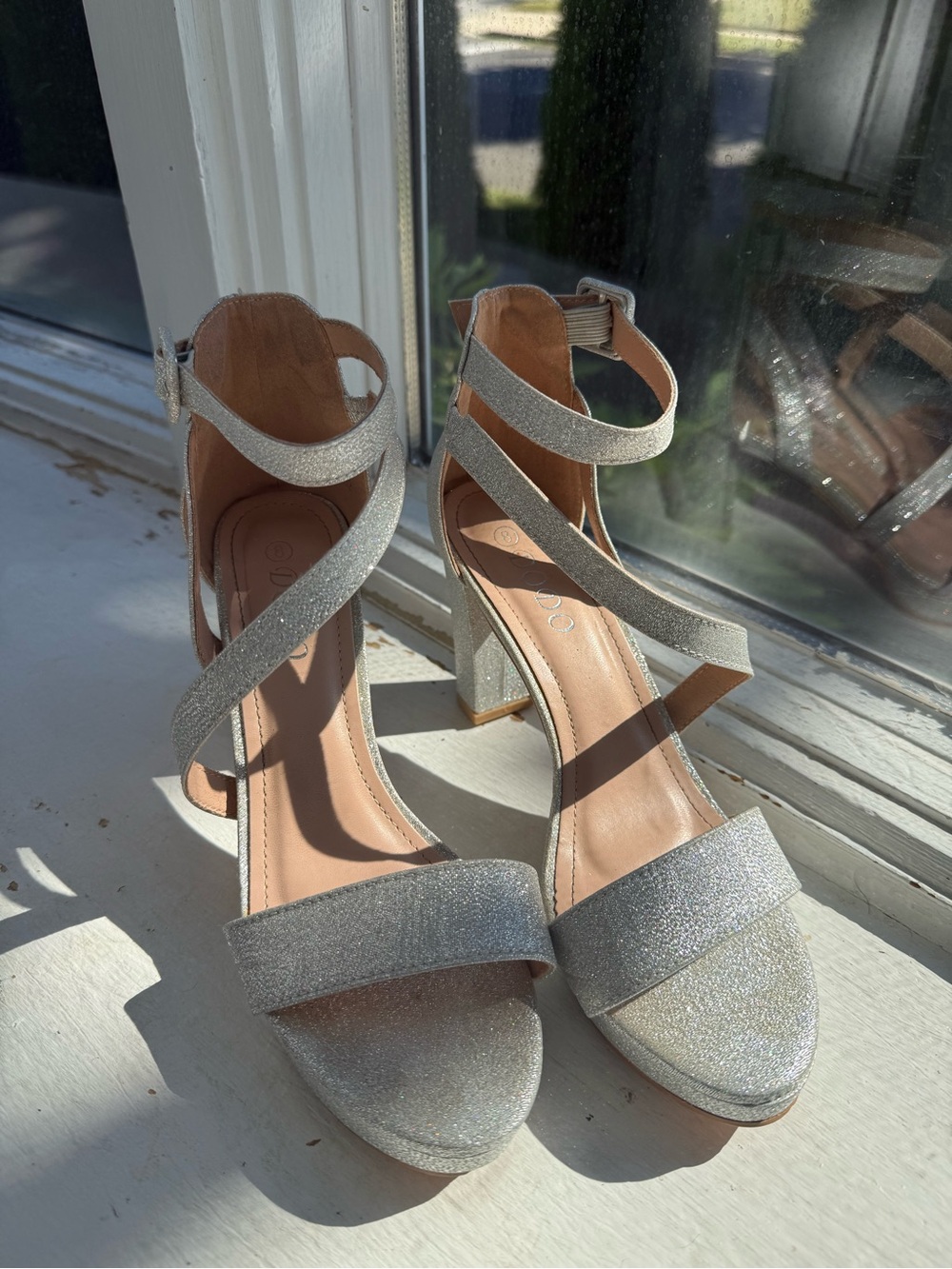 Sparkle Ankle-Strap Block Heels in Silver